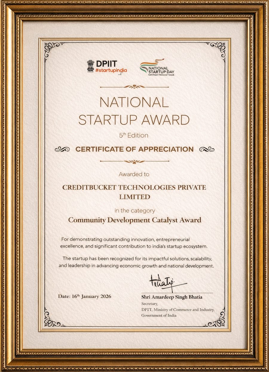 National Startup Award 5th Edition certificate of appreciation, awarded to CreditBucket Technologies Private Limited in the Community Development Catalyst Award category, signed by Shri Amardeep Singh Bhatia, Secretary, DPIIT, Ministry of Commerce and Industry, Government of India