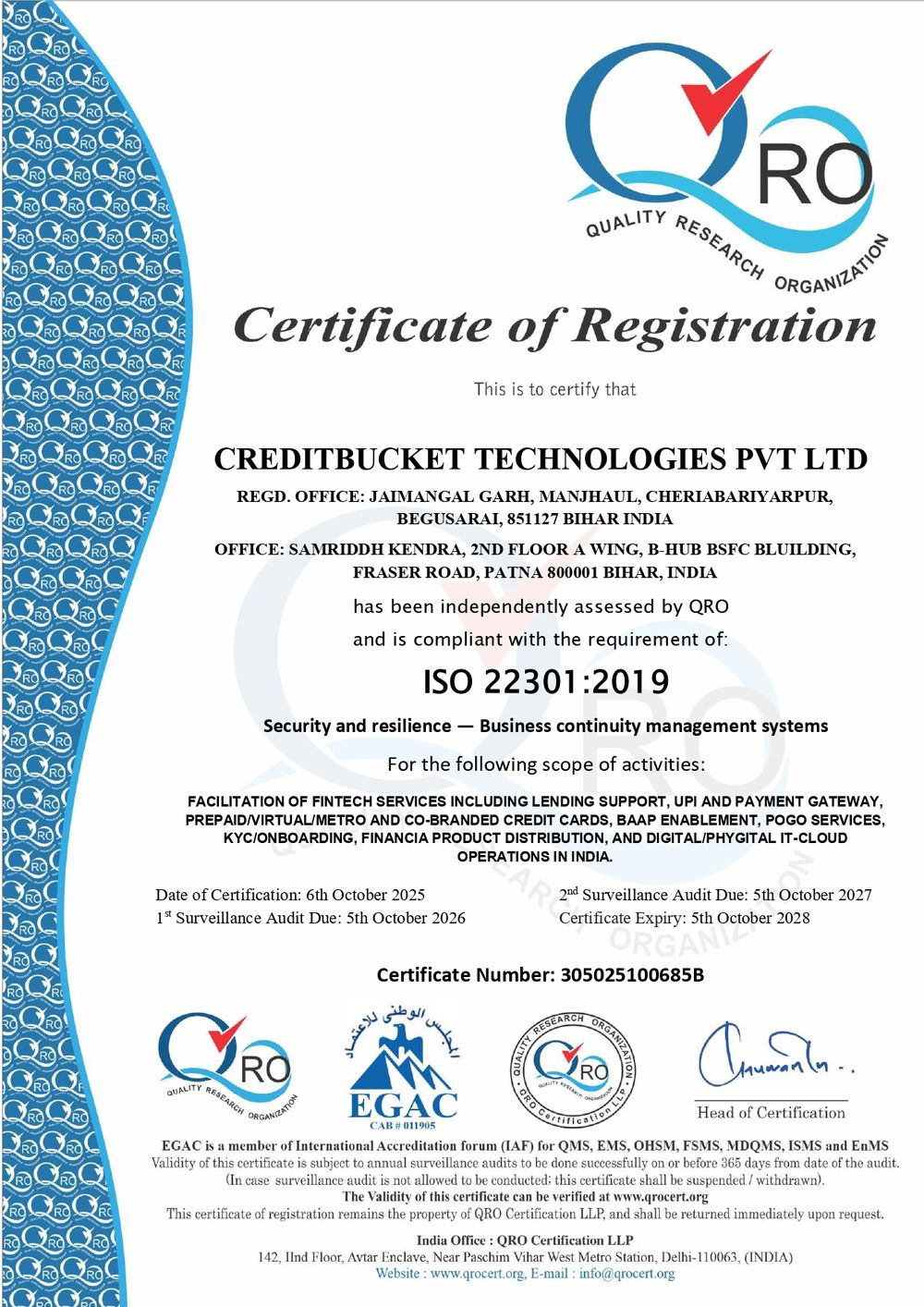ISO 22301:2019 Business Continuity Management System certificate for CreditBucket Technologies Private Limited