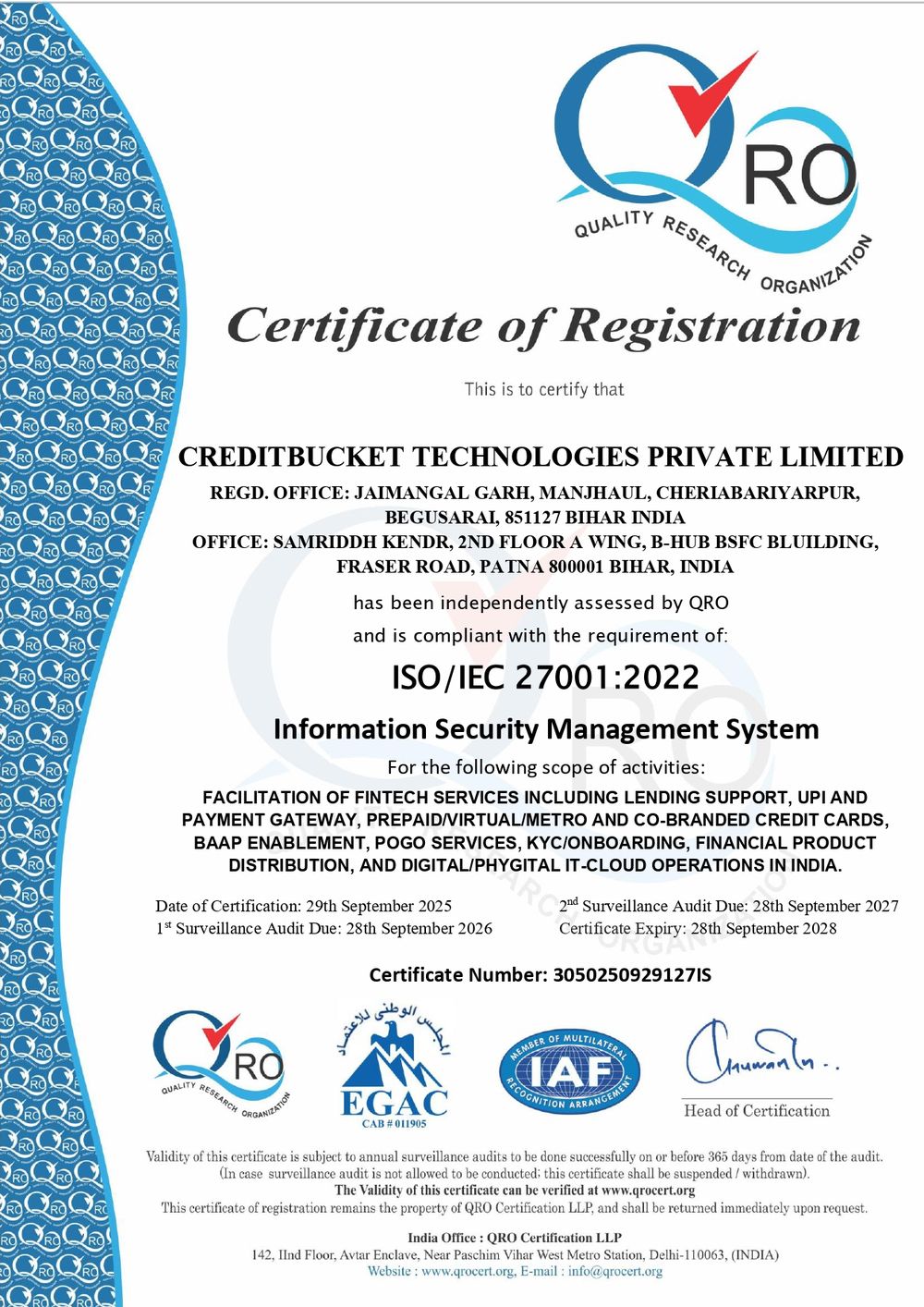 ISO/IEC 27001:2022 Information Security Management System certificate for CreditBucket Technologies Private Limited