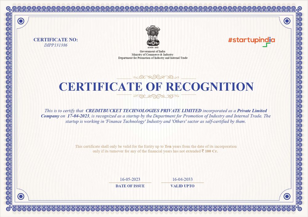 Startup India certificate of recognition for CreditBucket Technologies Private Limited, DPIIT certificate number DIPP131386